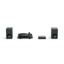 Two speakers and a turntable in green with a Project Maia S3
