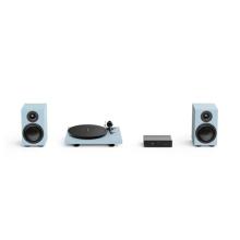 Two speakers and a turntable in polar blue with a Project Maia S3
