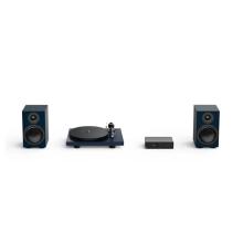 Two speakers and a turntable in steel blue with a Project Maia S3