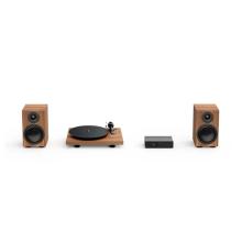 Two speakers and a turntable in walnut with a Project Maia S3