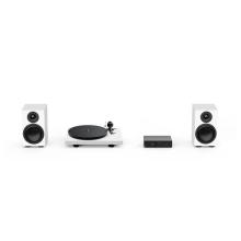 Two speakers and a turntable in white with a Project Maia S3