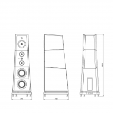 Three drawings of Rosso Fiorentino Florentia Loudspeakers showing the dimensions