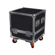 A black rigid case on orange wheels.