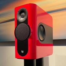 A rectangular speaker on a stand.  The speaker is bright red.  In the background there's a piece of art.