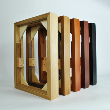 all five plinth options standing up on their end, one in front of the other.  Order from front to back is oak, walnut, cherry, rosenut and black ash