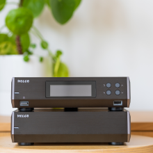 Melco N10/2 Digital Music Library in black, one on top of the other on a table with a plant in the background.