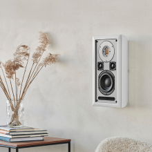 Audiovector Onwall Loudspeaker on a wall with a vase to the left of the speaker.  The vase is on a table and has long stems in it.