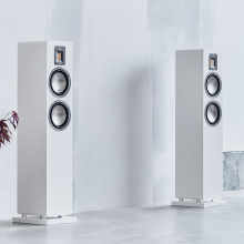 Audiovector QR3 pair of white silk against a plain white wall
