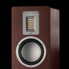 Audiovector QR5 close-up of the top of a dark walnut speaker