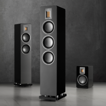 Audiovector QR5 with QR3 and QR1.  All in black against a dark background