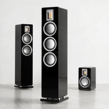 Audiovector QR5 with QR3 and QR1.  All in black against a white background.