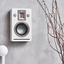 Audiovector QR Wall in white silk, on a wall.