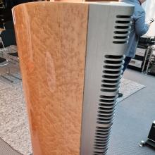 An Audiovector R10 Arreté Loudspeaker - rear top view of the Canadian Maple finish.  Photo taken at the Munich HiFi Show in 2025