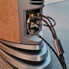 An Audiovector R10 Arreté Loudspeaker - view of the bottom of the rear of the speaker with cables plugged in.  Photo taken at the Munich HiFi Show in 2025