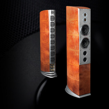 A pair of Audiovector R11 Arreté Loudspeaker in Madrona Burl.  One viewed from the front and one from the rear