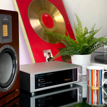 Rose RS-201E Streamer, DAC and amplifier showing the track listing for the 'Yello' album, an Audiovector speaker, a mug and a plant